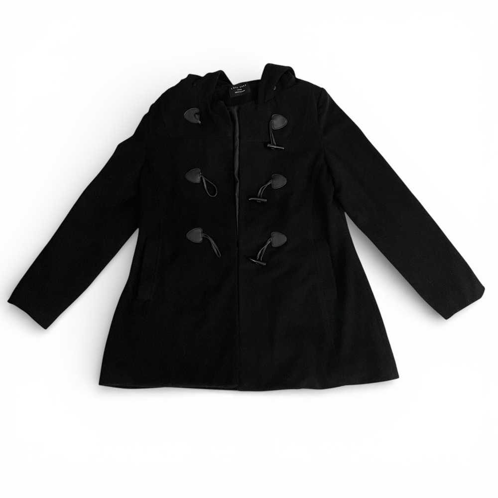 LOVE TREE Women’s Black Winter Wool Pea Coat With Hood & Toggles Size Large - Picture 10 of 10